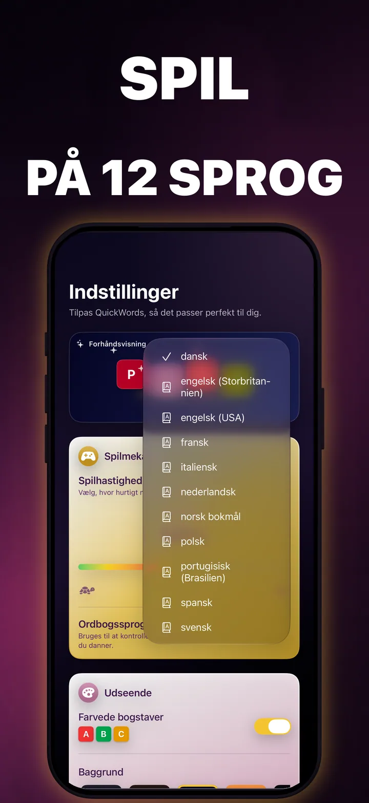 QuickWords-sprogvælger med tilgængelige ordbøger