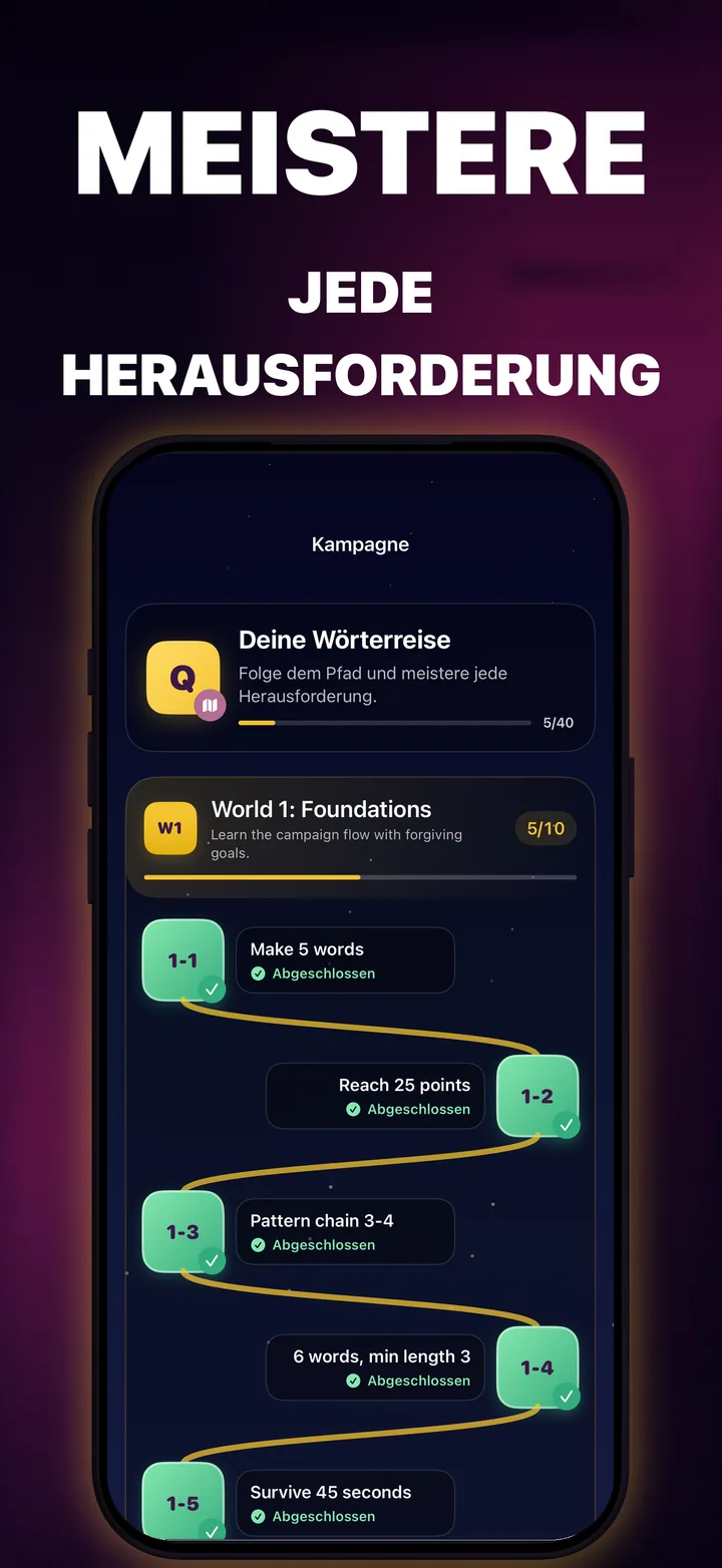 QuickWords-Kampagnenkarte mit verbundenen Herausforderungsleveln