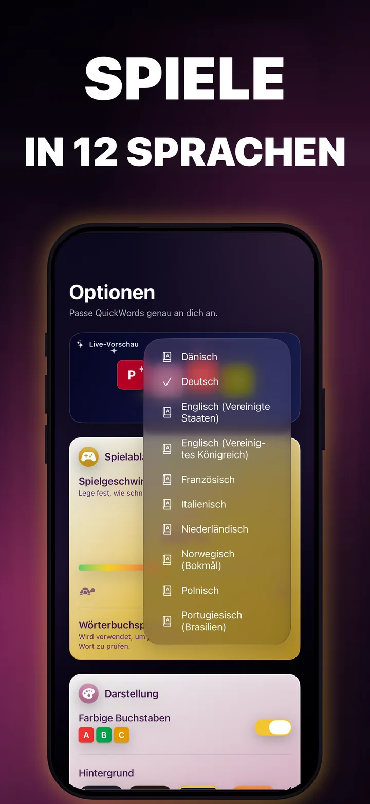 QuickWords-Sprachauswahl mit verfügbaren Wörterbüchern