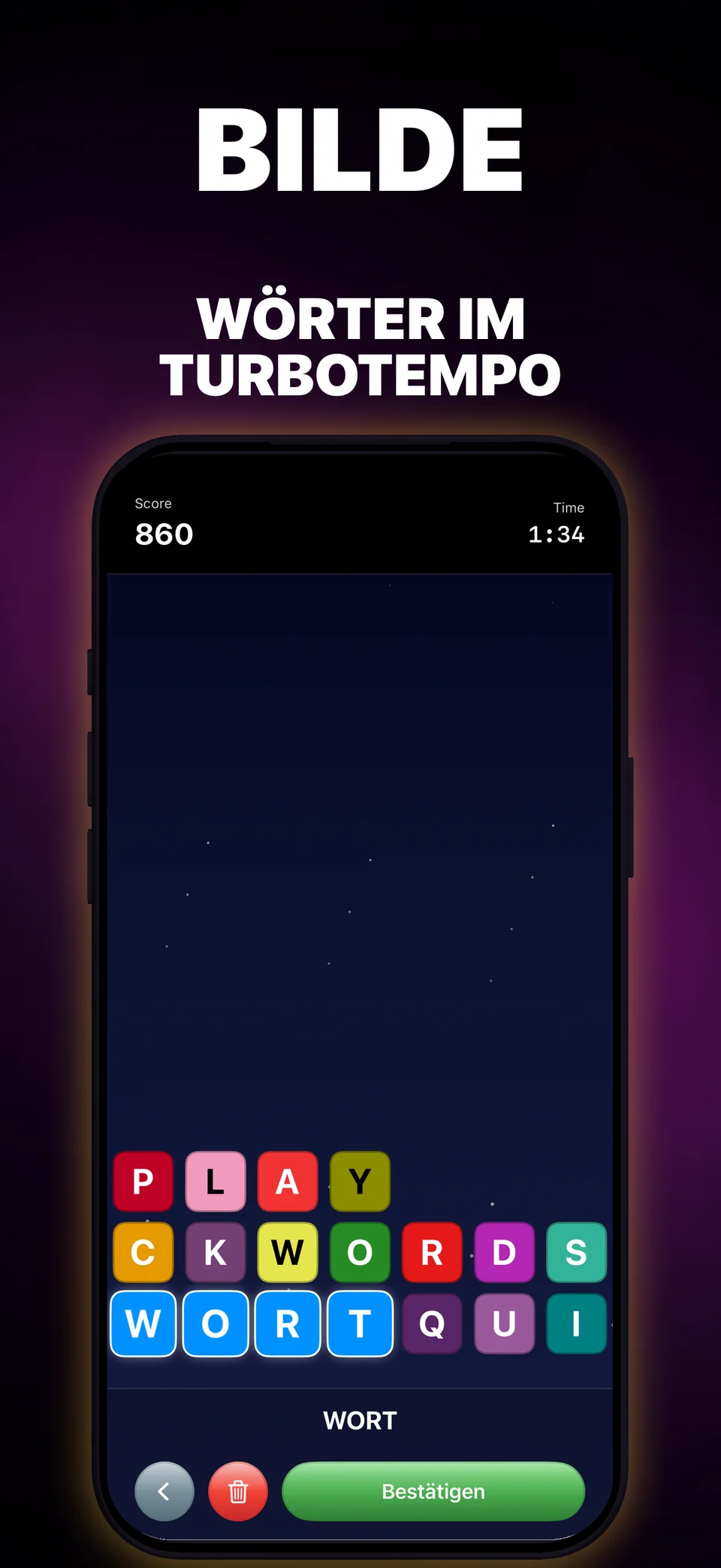 QuickWords-Spiel auf einem iPhone mit bunten fallenden Buchstabensteinen