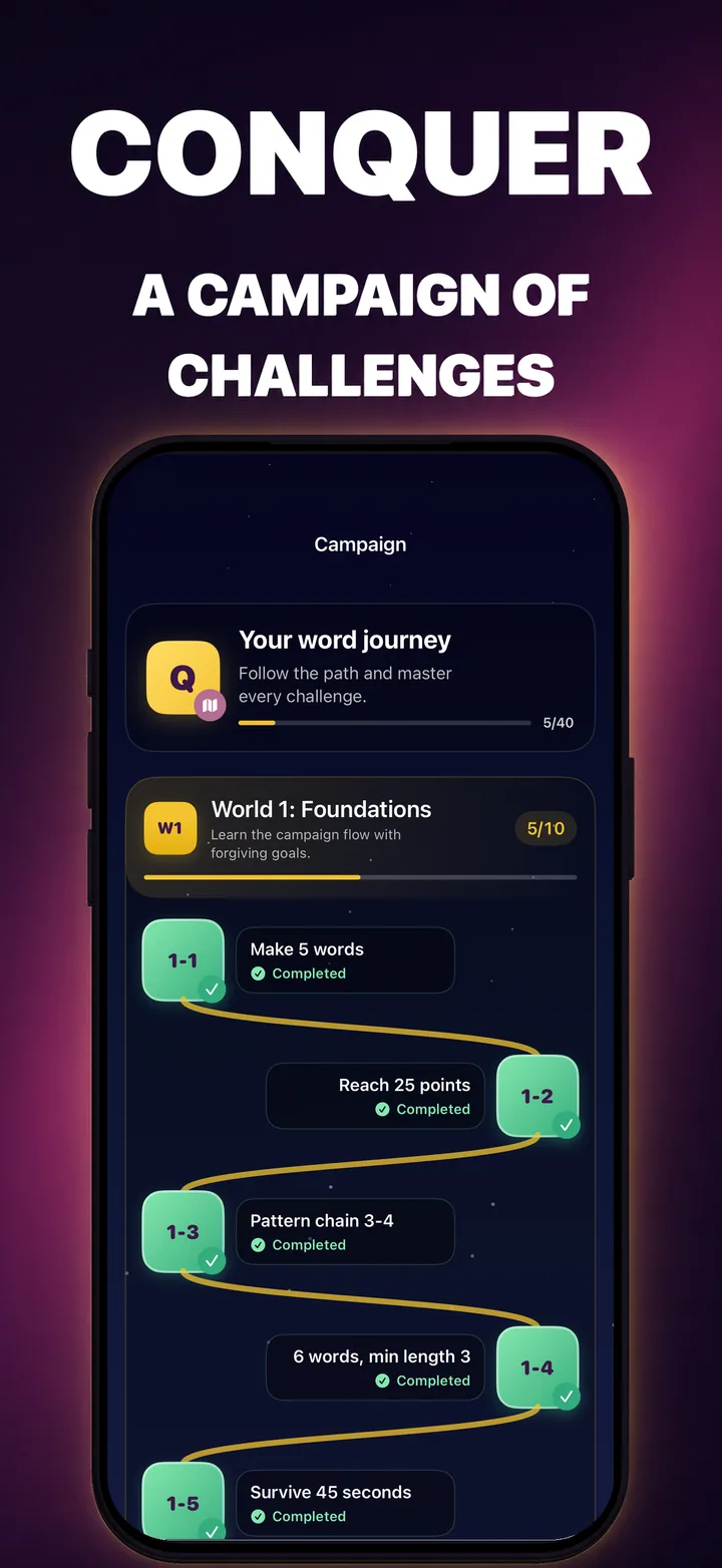 QuickWords campaign path with completed and upcoming levels