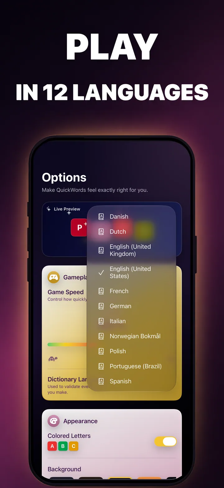 QuickWords language selector showing available dictionaries
