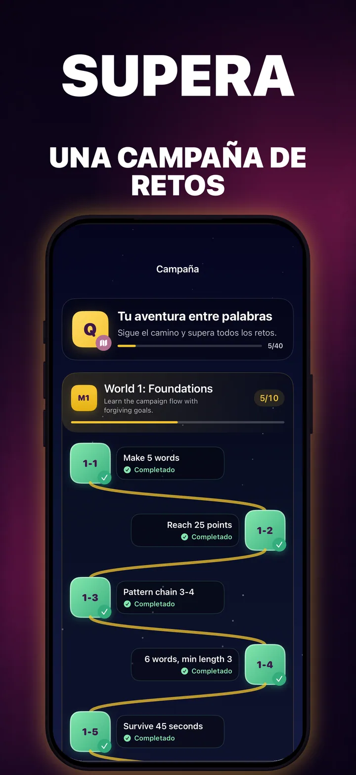 Ruta de campaña de QuickWords con niveles completados y próximos