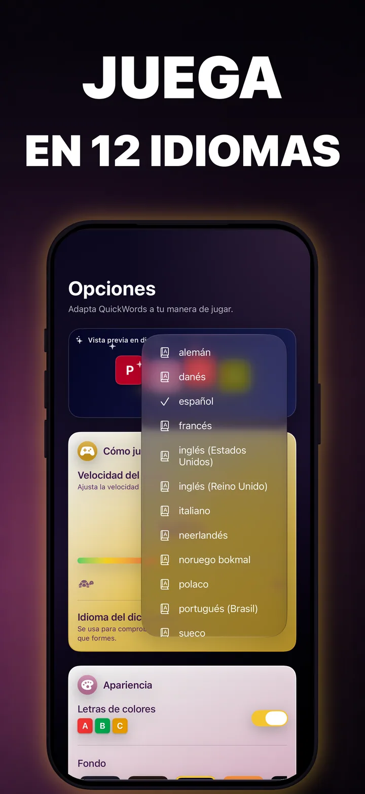 Selector de idioma de QuickWords con los diccionarios disponibles