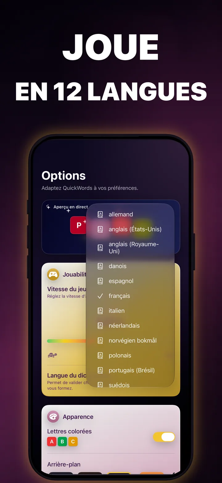 Sélecteur de langue QuickWords affichant les dictionnaires