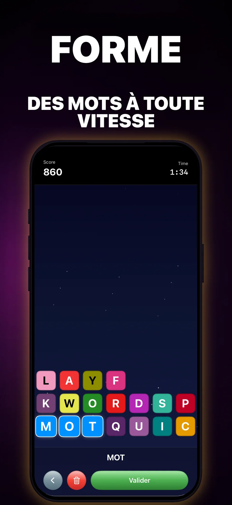 Partie de QuickWords sur un iPhone avec des tuiles de lettres colorées