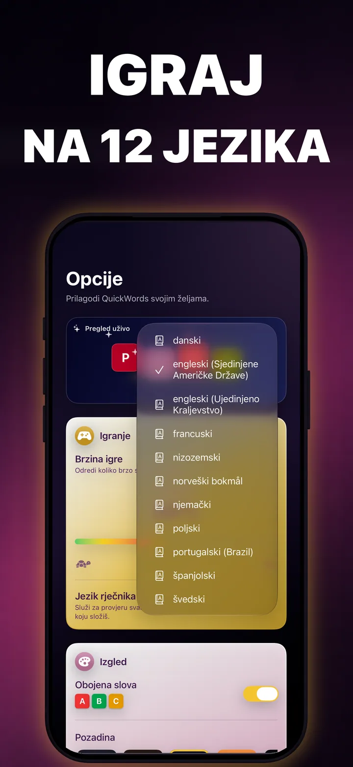 Odabir jezika QuickWordsa s dostupnim rječnicima