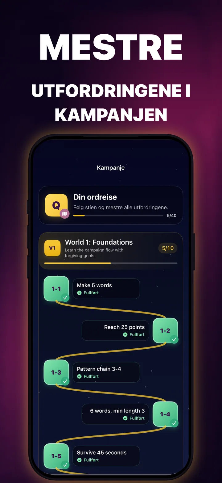 QuickWords-kampanjekart med sammenkoblede utfordringsbrett