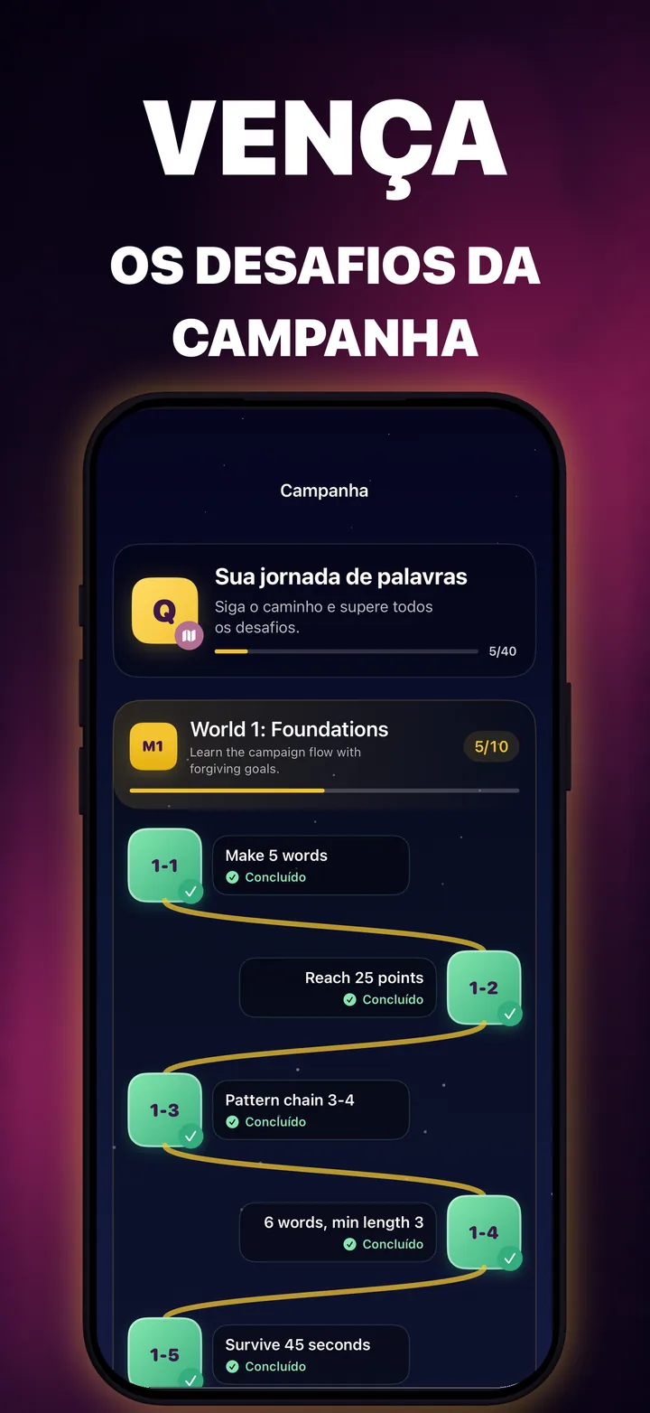 Mapa de campanha do QuickWords com fases conectadas