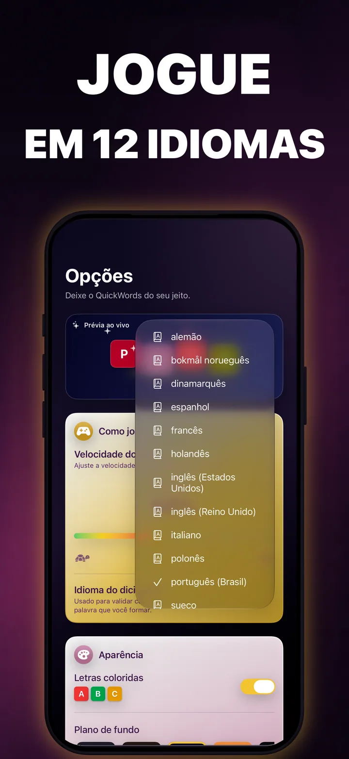 Seletor de idioma do QuickWords mostrando os dicionários