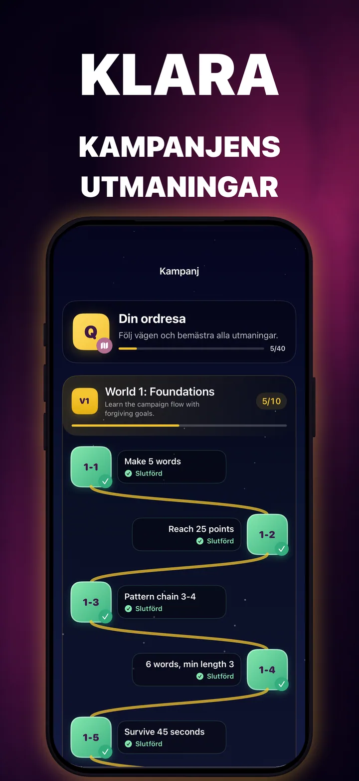QuickWords kampanjkarta med sammankopplade utmaningsbanor