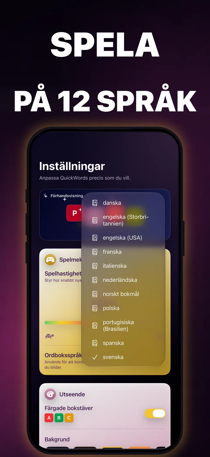 QuickWords språkväljare med tillgängliga ordlistor