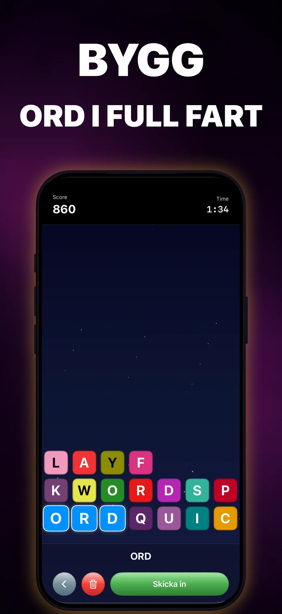 QuickWords på en iPhone med färgstarka fallande bokstavsbrickor